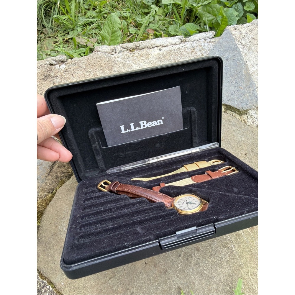 VTG L.L. Bean Quartz Analog Field Watch Boxed Set 3 Multi Leather Bands Rare - Picture 5 of 16